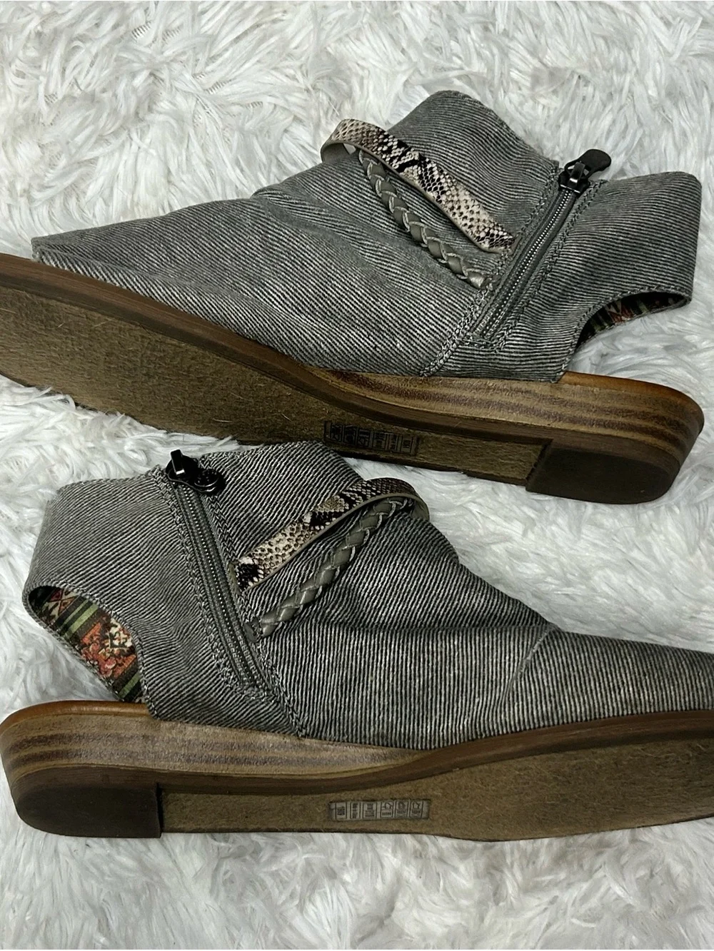 Women's Blowfish Malibu Gray Denim Peep-Toe Sandals snake skin strap